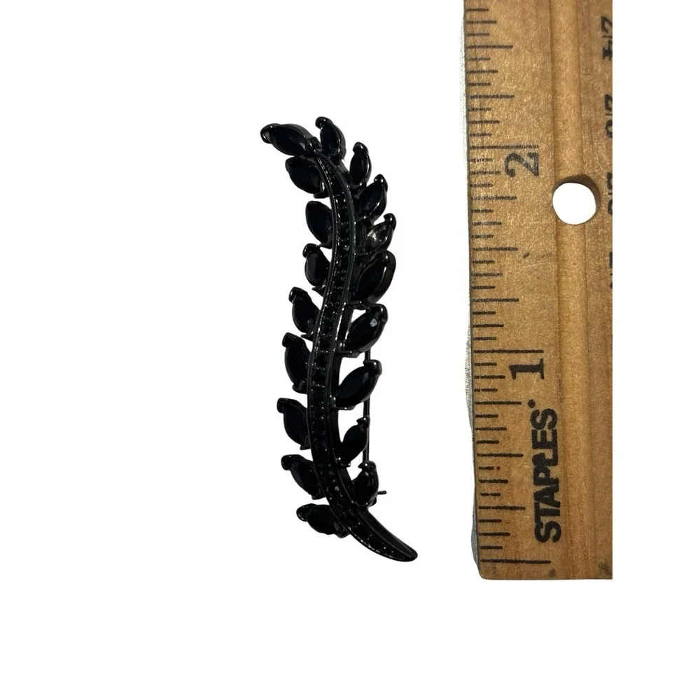 Vintage Signed Monet Dark Silver Tone Black Rhinestone Fern Leaf Brooch Pin